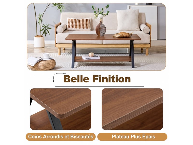  Table basse industrielle noyer, table de salon avec étagère de rangement, 110x57x44,5 cm, idéale pour petits espaces  - Conforama E