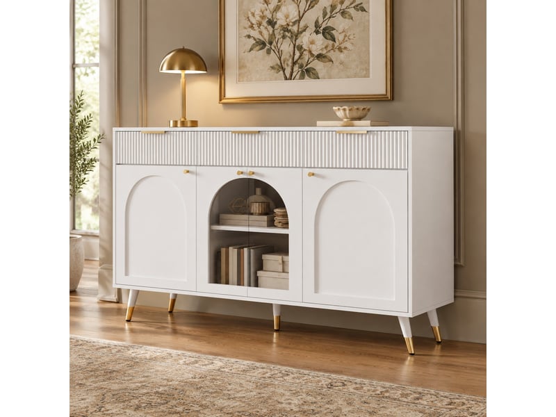  Buffet et enfilade avec 4 portes en acrylique et 3 tiroirs, rangement pour salon et salle à manger, en mdf, blanc, 140 × 40 × 85,5 cm  - Conforama B