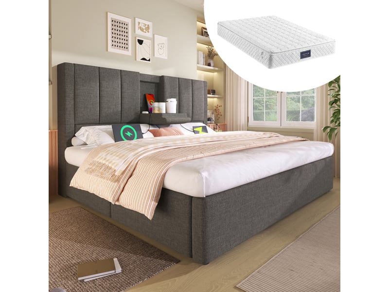  Lit coffre,160x200 cm,avec matelas et station de charge,lin,gris  - Conforama B