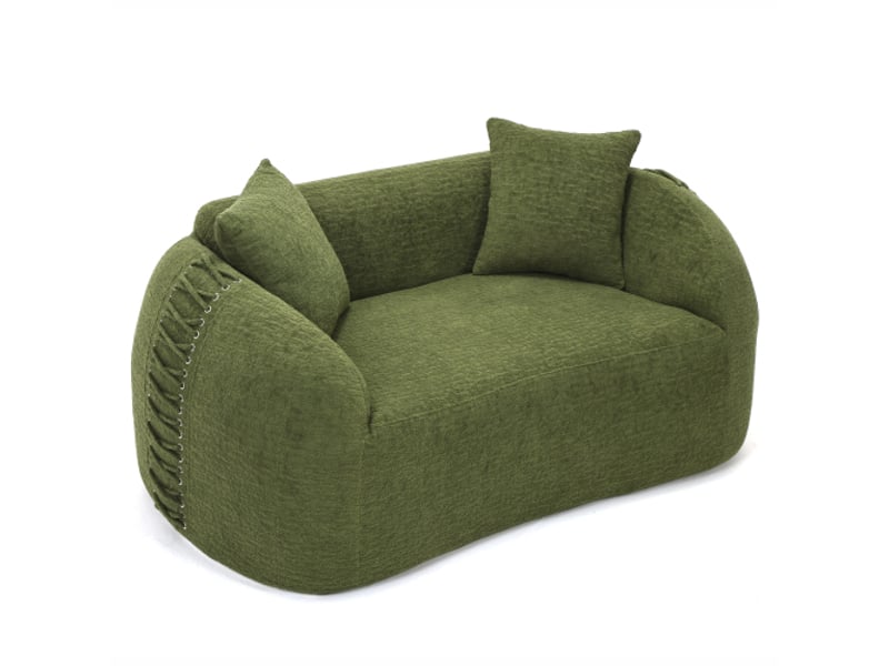  Canapé 2 places en chenille 155x90 cm, canapé courbé avec accoudoirs tressés, mousse haute densité, coussins inclus, sans montage - vert  - Conforama A