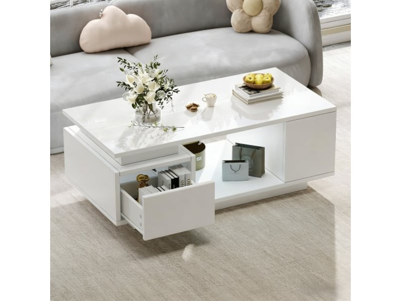 Table basse led blanche brillante avec tiroir - rangement latéral et design ajouré au centre - 100x50x36 cm - Conforama E