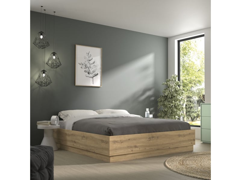  Lit coffre en bois décor chêne 160x200 cm terre de nuit teddy  - Conforama B