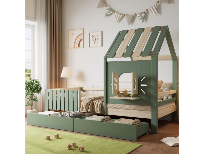  Lit enfant cabane vert et naturel avec toit, fenêtre, barrières et 2 tiroirs - 90 x 200 cm  - Conforama D