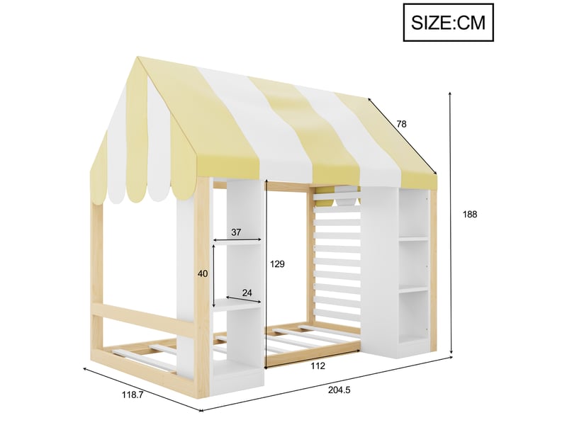  Lit mezzanine enfant modenvie 90 x 200 cm avec baldaquin et rangements ouverts en bois blanc et bois naturel  - Conforama C