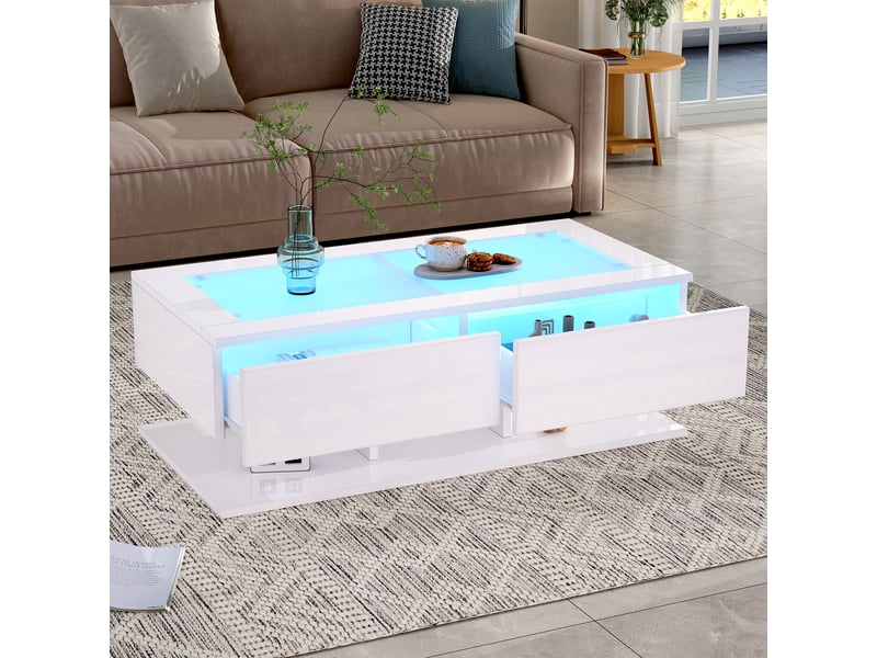  Table basse blanche brillante 100x50x35 cm, table de salon avec tiroirs et plateau en verre trempé, table basse led  - Conforama R