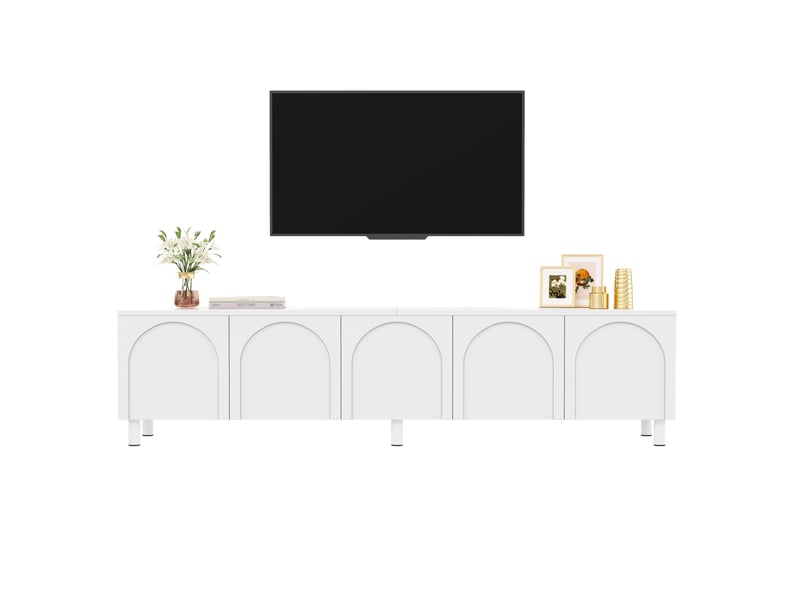  Meuble tv 5 portes design cintré, pieds métalliques, pb et mdf, format bas, blanc, 180 x 38 x 45 cm  - Conforama A