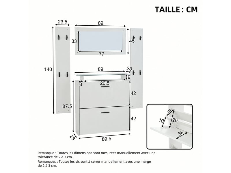  Ensemble meuble d’entrée 4 pièces avec miroir, 8 patères et 2 abattants, blanc  - Conforama E