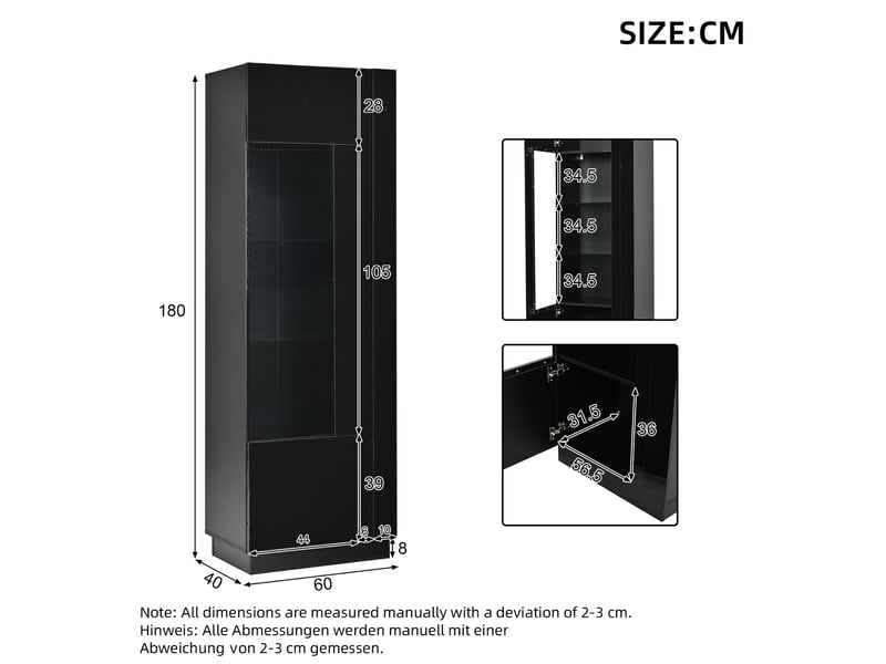  Vitrine haute 60 x 40 x 180 cm – noir – porte acrylique, led pilotée par application, 5 niveaux  - Conforama C