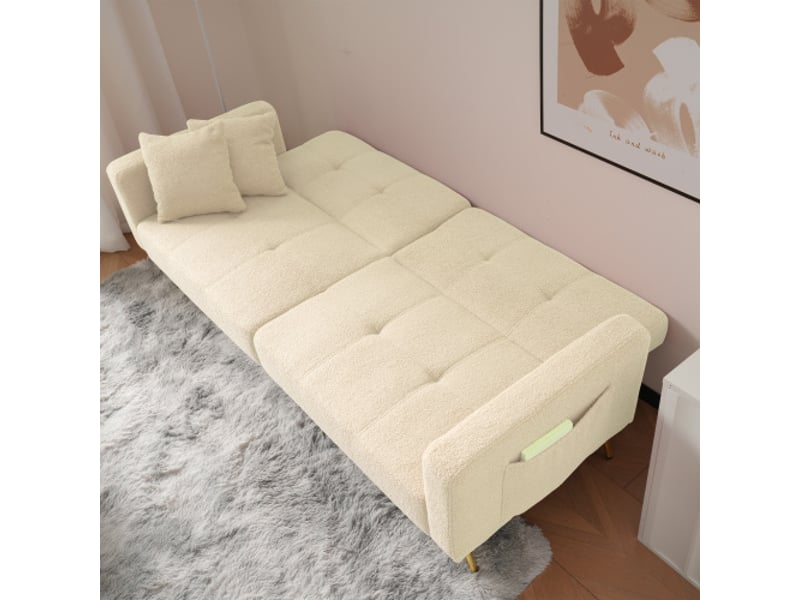  Canapé-lit convertible 2 places - canapé-lit inclinable - pieds dorés, coussins et poches de rangement latérales - sherpa beige  - Conforama C