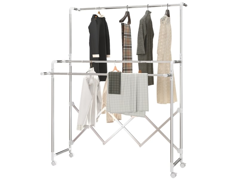  Étendoir à linge sur pied pliable 150 cm – argent – 3 barres réglables, roulettes et usage intérieurextérieur  - Conforama A