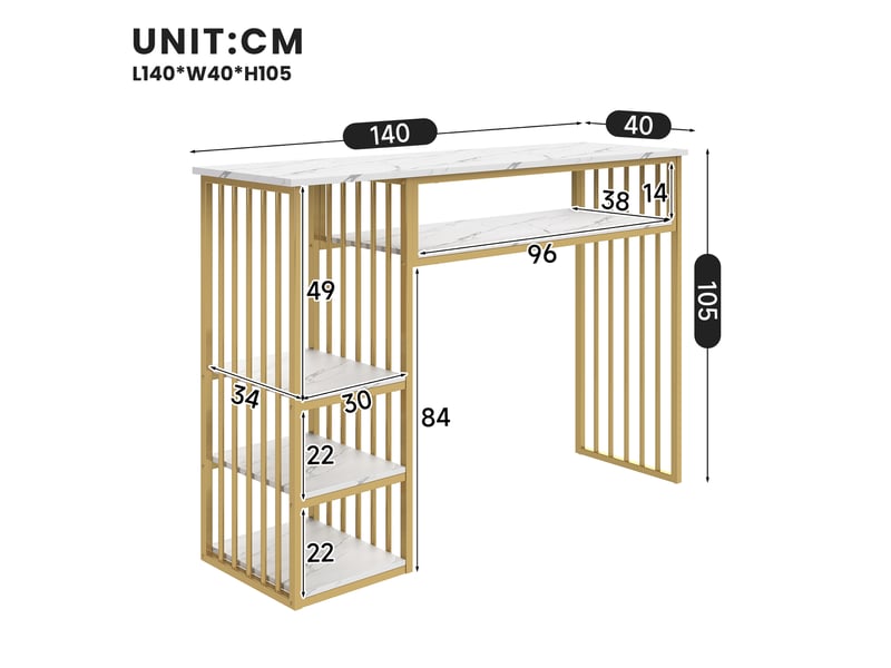  Table de bar 140x40x105 cm avec rangements, décor marbre blanc et doré  - Conforama C