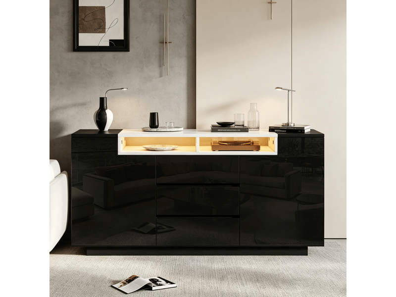 Buffet et enfilade avec 2 portes, 3 tiroirs, niches, séparateurs réglables et éclairage led, noir, 140 × 40 × 68 cm - Conforama D