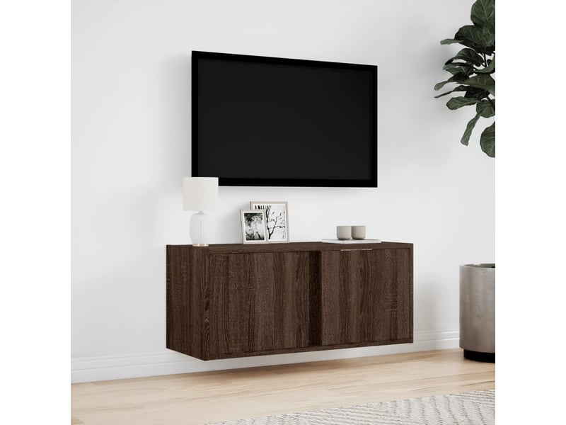  Meuble tv - banc tv - meuble de rangement mural avec lumières led chêne marron 80x31x35 cm  - Conforama D