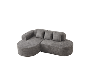 Canapé d'angle gauche 222x157 cm anthracite en chenille, 3 places avec 3 coussins de dossier, design arrondi