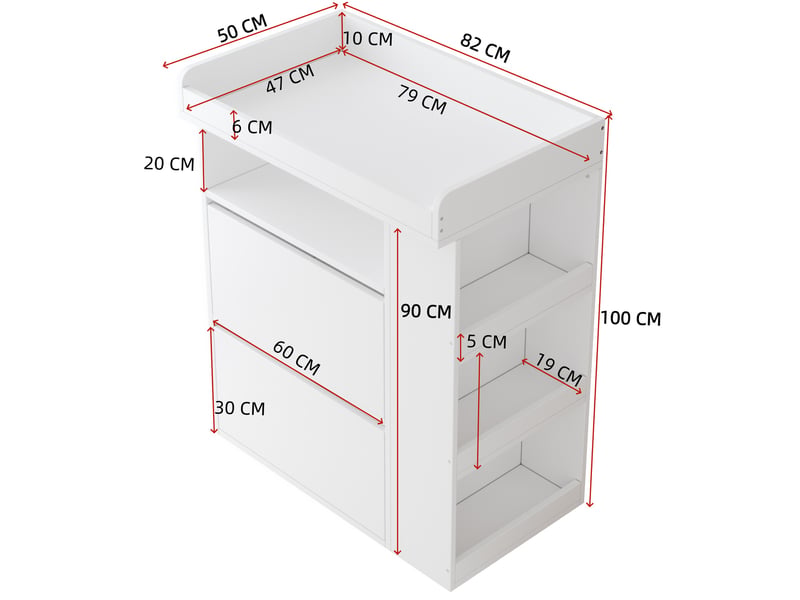  Commode à langer - 82x50x100 cm - commode à langer avec plan à langer amovible, tiroirs et étagères latérales - blanc  - Conforama E