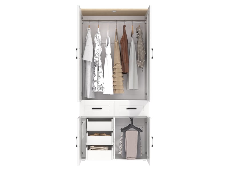 Armoire penderie 90x50x200 cm - 4 portes - 5 tiroirs - 2 tringles - style campagne - mdf - blanc CozyNest - Conforama A