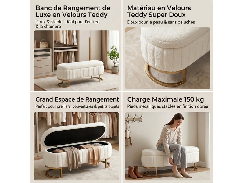  Banc de lit crème 130 cm en velours capitonné avec coffre de rangement  - Conforama E