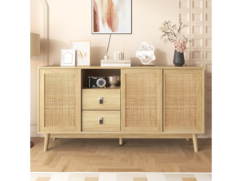  Buffet avec 3 portes coulissantes et 2 tiroirs en rotin véritable,155x38x80 cm,stable et polyvalent  - Conforama C