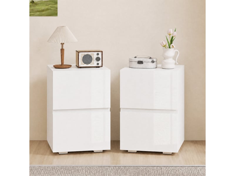  Ensemble de 2 tables de chevet étroites avec 2 tiroirs et façades blanches brillantes  - Conforama C