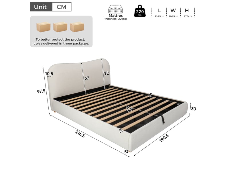  Lit coffre 180x200 hydraulique avec sommier et tête de lit bouclette homvra  - Conforama E