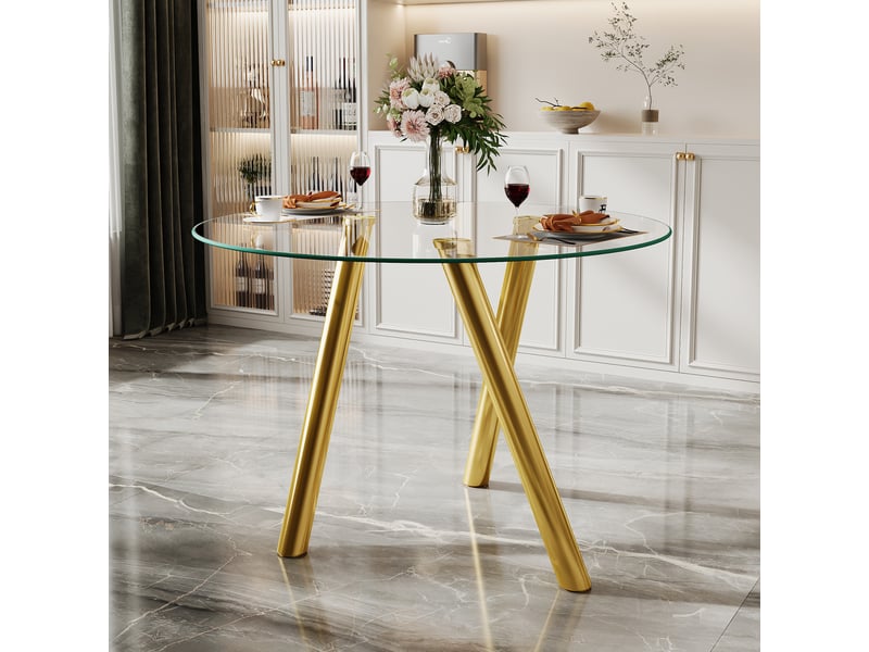  Table à manger ronde,89x89x76 cm,avec pieds métal,verre trempé,doré  - Conforama B