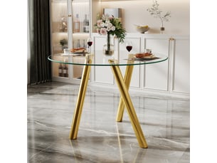 Table à manger ronde,89x89x76 cm,avec pieds métal,verre trempé,doré