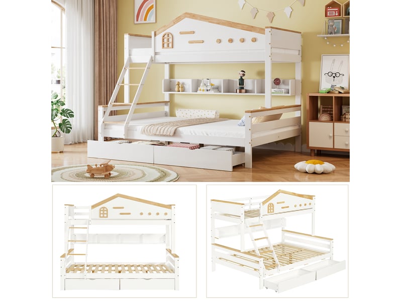 Lit enfant 90+140x200cm, 2 tiroirs, lit superposé avec escalier, étagère rangement et sommiers, bois blanc, sans matelas - Conforama D