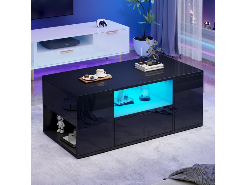  Table basse noire brillante avec led, table de salon avec rangements, 1 tiroir et 2 compartiments, 100x50x40 cm  - Conforama D