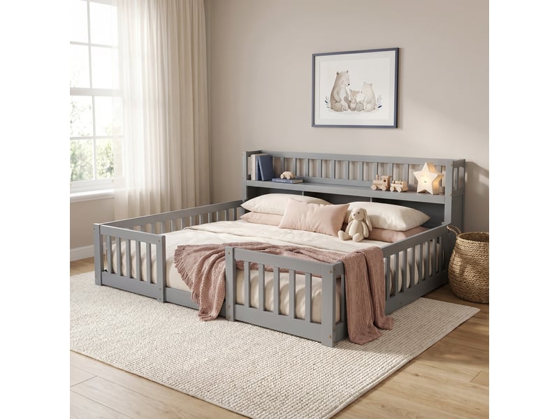  Lit enfant montessori 140x200 cm, lit simple, lit au sol montessori avec bibliothèque et barrières, bois, sommier, gris  - Conforama B