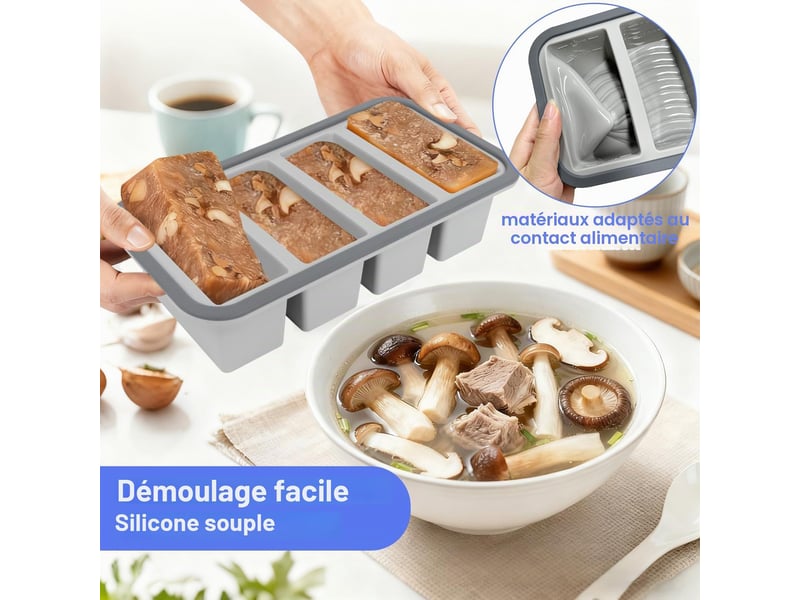 Moule à soupe en silicone avec couvercle, boîte à lunch compartimentée, 4 compartiments, 1000 ml, ensemble de 2 pièces, gris ZYS01848LHY - Conforama D