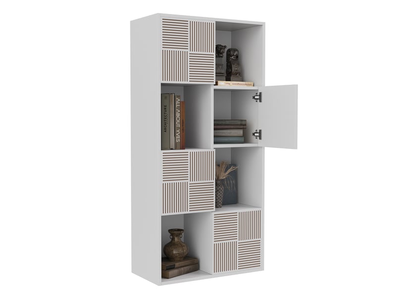 Bibliothèque - 125 x 30 x 60 cm - blanc ivoire - meuble de rangement avec portes à effet lattes et niches - meuble tv ou étagère polyvalent - Conforama E