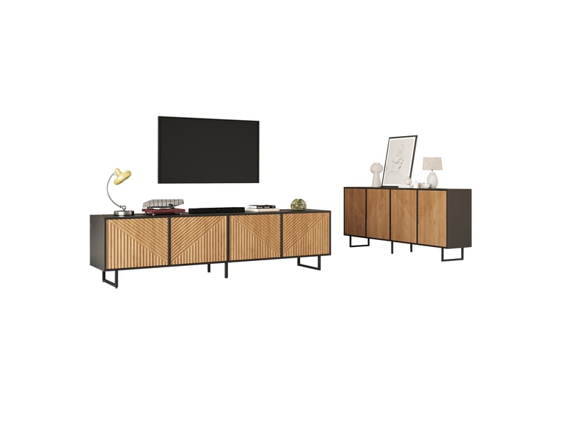  Ensemble meuble tv et buffet ulevr avec rangement, 180 x 40 x 50 cm et 160 x 40 x 75 cm, naturel et noir  - Conforama A