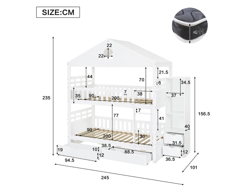  Lit superposé 3 places 90 x 200 et 140 x 200 cm avec usb, lit familial en bois massif avec lit gigogne et rangements, sommiers inclus, noir  - Conforama E