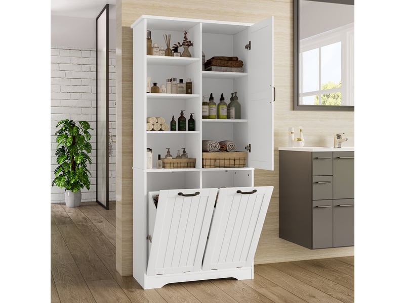  Armoire de salle de bain 78x35x172 cm, laquée anti-humidité, 2 paniers à linge, blanc  - Conforama B