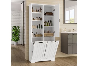 Armoire de salle de bain 78x35x172 cm, laquée anti-humidité, 2 paniers à linge, blanc