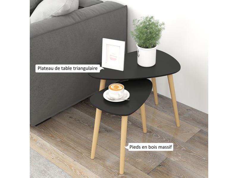  Lot de 2 tables basses gigognes design pieds scandinave en bois et plateau en bois, noir  - Conforama E