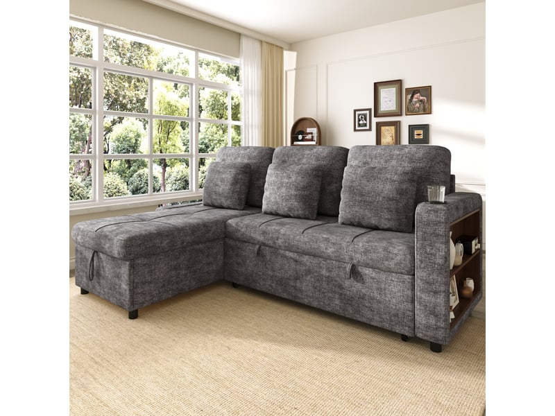  Canapé d'angle convertible 3 places en chenille avec coffre, porte-gobelets et étagère, beige  - Conforama E