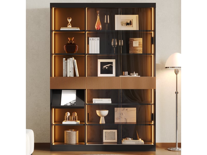 Vitrine led avec 4 portes coulissantes, 3 tiroirs, niches et abattant pour salon, noir brun, 120 × 28,5 × 180 cm - Conforama B