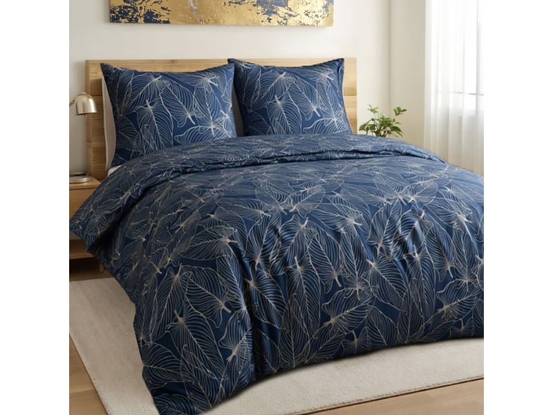  Parure housse de couette 260x240cm + 2 taies motif feuilles bleu et beige 100% coton - melda MELDA - Conforama B