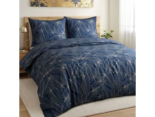 Parure housse de couette 260x240cm + 2 taies motif feuilles bleu et beige 100% coton - melda