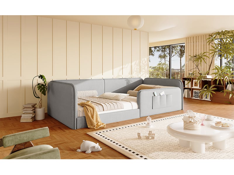  Lit banquette enfant 90 × 200 cm, côtés rembourrés et poches, gris  - Conforama B