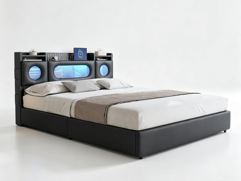  Lit coffre 140x200 cm en tissu effet lin - éclairage led et port usb - tête de lit avec rangement - sommier relevable  - Conforama A