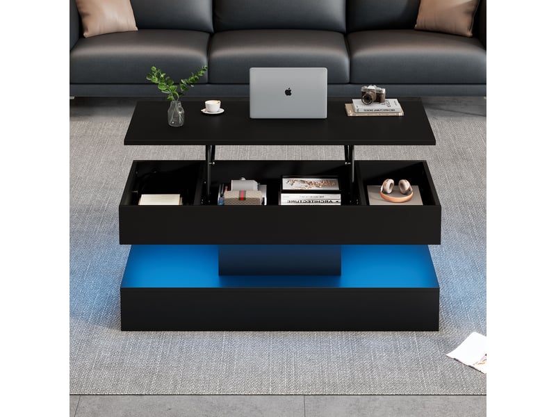  Table basse relevable rectangulaire en panneaux de particules avec lumière led,rangement caché et prises européennes intégrées,noir table basse noir - Conforama E
