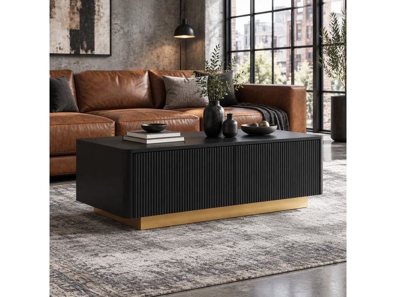  Table basse noire 110 x 50 x 35 cm avec 2 tiroirs, façade rainurée, espaces de rangement ouverts et angles arrondis  - Conforama B