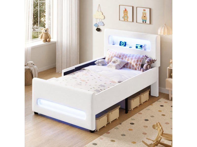  Lit plateforme rembourré 90 x 200 cm avec led, tiroir, marches et port usb, blanc  - Conforama B