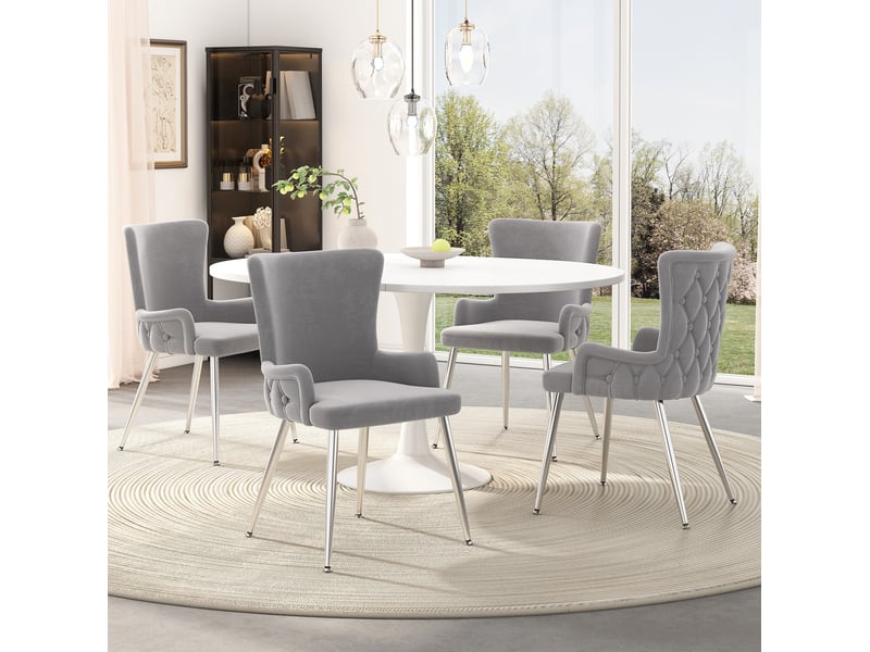  Lot de 6 chaises salle à manger 55x47x85 cm en velours gris, 4 pieds métal argenté, accoudoirs, dossier agréable  - Conforama E