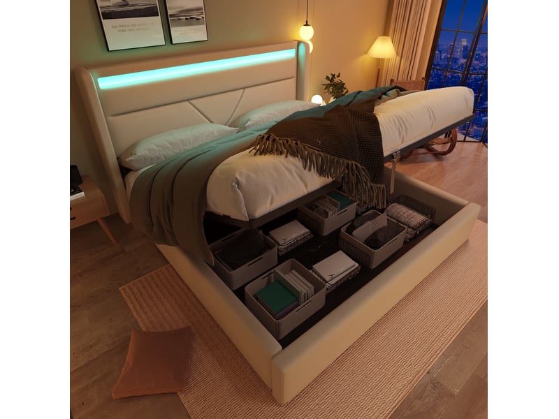  Lit coffre 160 x 200 cm blanc en pu avec led et télécommande  - Conforama C