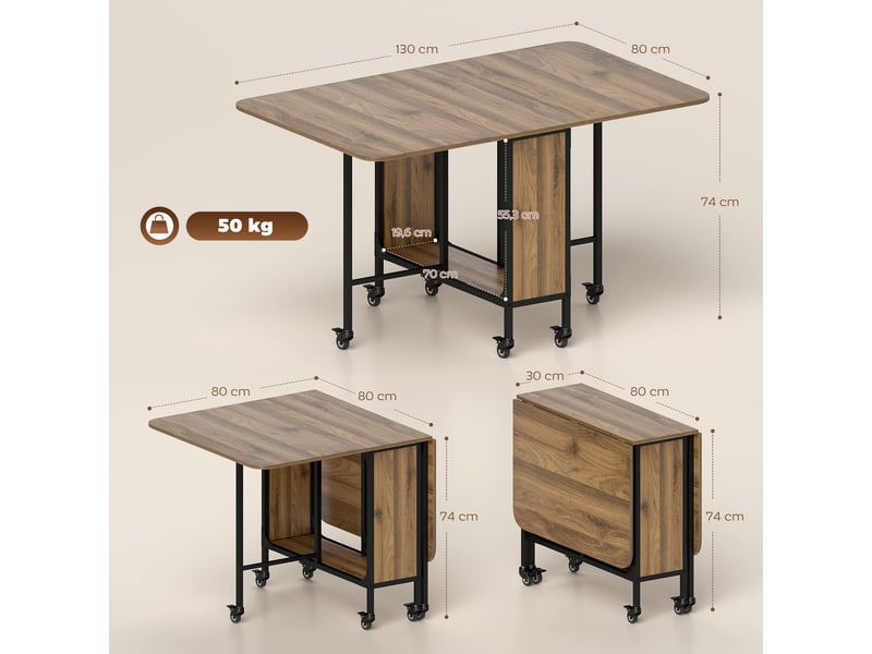  Table de cuisine pliante à roulettes avec abattant et étagère, idéale pour le salon, 130 x 80 x 74 cm, marron  - Conforama E
