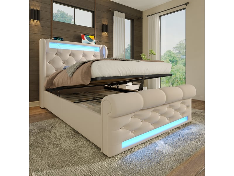  Lit coffre 90x200 cm - lit simple beige avec éclairage led et prises usb, rangement pratique - sans matelas  - Conforama D