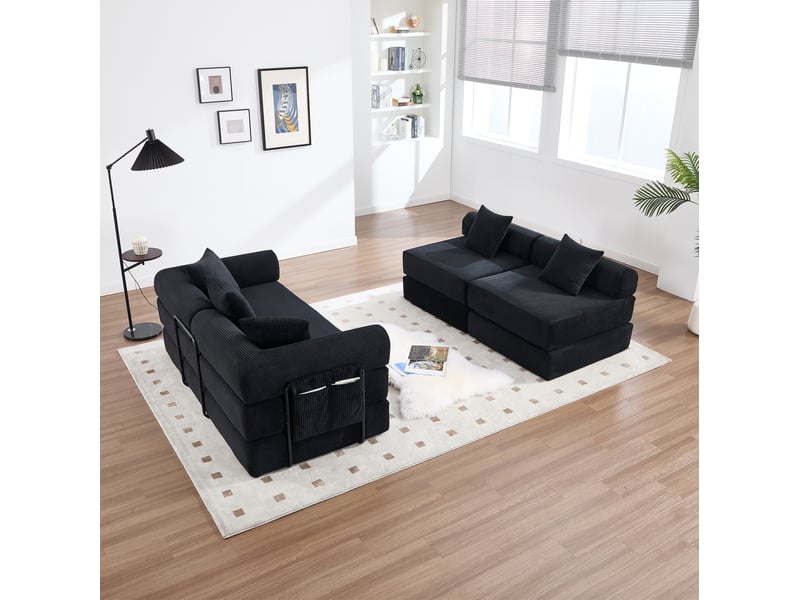 Canapé d'angle 4 places moderne 270x180x64 cm, stockage, poches, modulable à volonté, en velours côtelé, noir - Conforama D